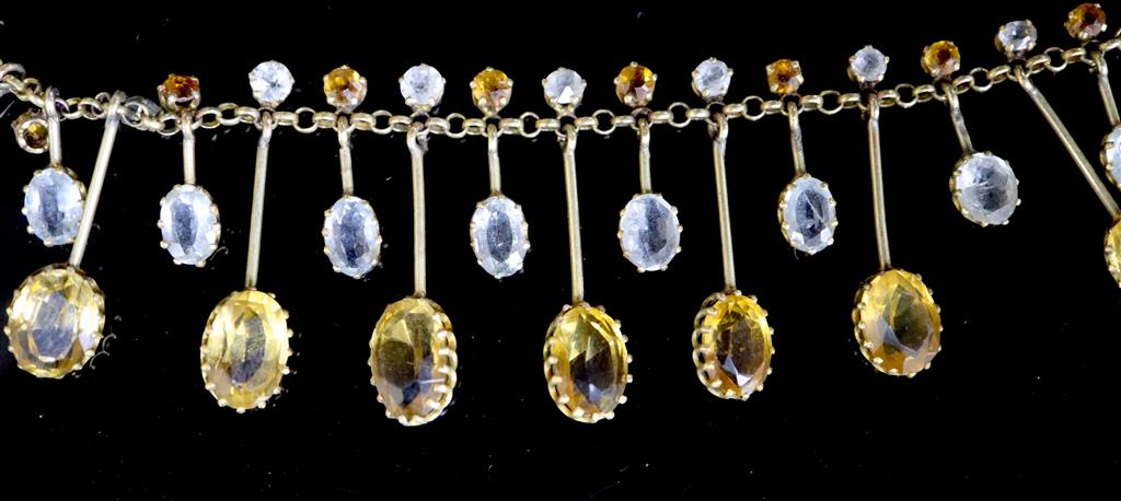 A Victorian 9ct gold, citrine and aquamarine? set riviere necklace,